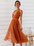 Orange Deep-V Cami Backless A-line Mesh Long Dress with Belt