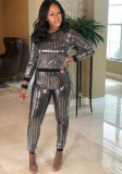 Black O-Neck Long Sleeves Sparkly Top And Sweatpants 2PCS Set