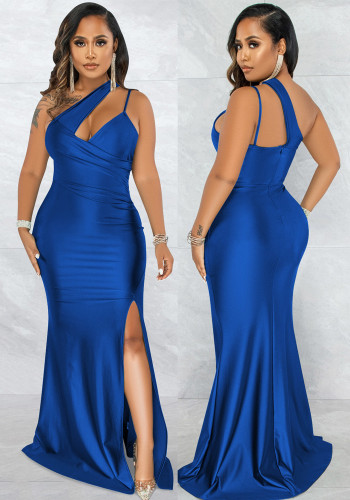 Blue One Shoulder Sleeveless Silt Bodycon Maxi Dress