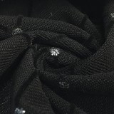 Rhinestone Black See Through 0-Neck Long Sleeve Crop Top And High Waist Pant 2PCS Set