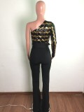 Golden Sequins Wavy Stripes Black One Sholder Single Sleeve Loose Jumpsuit With Belt