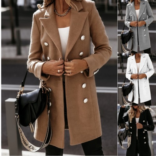 Grey Double-Breasted Turndown Collar Long Sleeves Long Blazer Coat