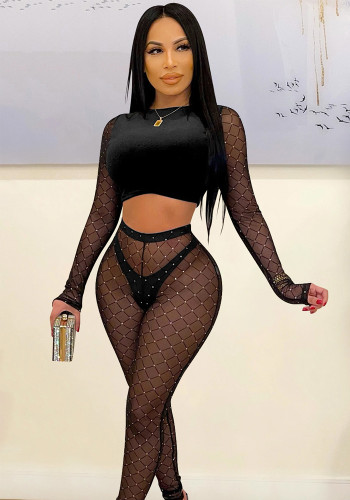 Rhinestone Black See Through 0-Neck Long Sleeve Crop Top And High Waist Pant 2PCS Set