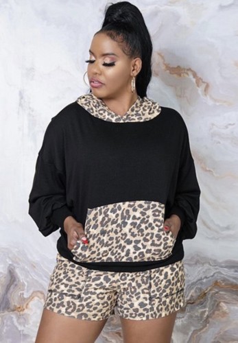 Leopard Print Black Long Sleeves Hoody Top and Shorts 2PCS Set