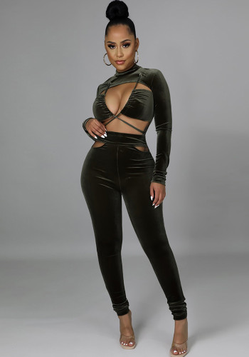 Green Velvet Cut Out Long Sleeves Bodycon Jumpsuit