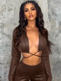 Brown Pu Leather Tie Up O-Neck Long Sleeve Crop Top And Pant 2PCS Set