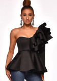 Black One Shoulder Single Sleeve Flounce Flare Shirt