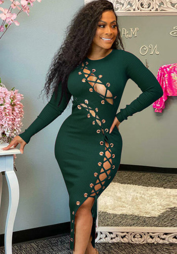 Green O-Neck Lace Up Cut Out Long Sleeve Tight Long Dress