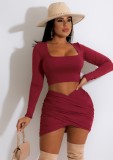 Red Square Neck Long Sleeve Crop Top And Wrap Mini Dress 2PCS Set