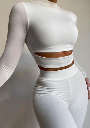 White Round Neck Cut Out Fitted Top And High Waist Pant 2PCS Set