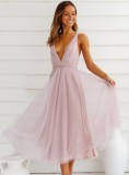 Pink Deep-V Cami Backless A-line Mesh Long Dress with Belt