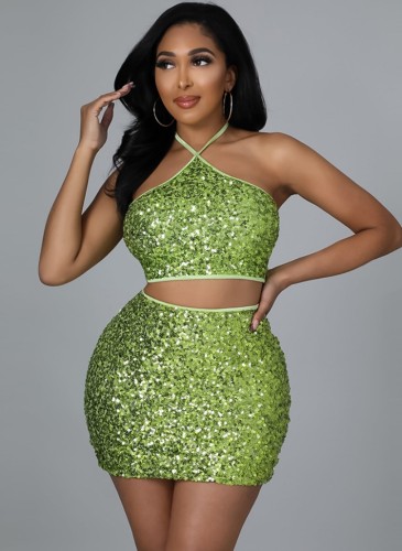 Green Sequins Cami Halter Crop Top and High Waist Mini Skirt 2PCS Set