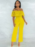 Yellow Lace Patched Off Shoulder Short Sleeve Jumpsuit