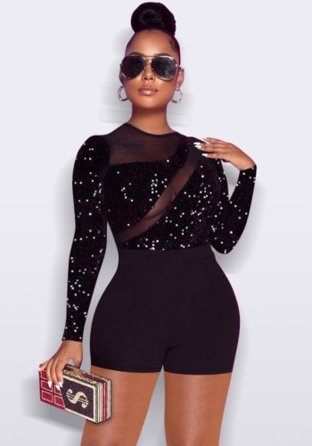 Black Sequins Upper O-Neck Long Sleeve Bodycon Rompers