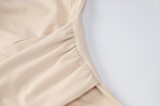 Beige Turndown Collar Deep-V Tied Belt Long Sleeve Mini Dress
