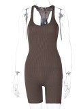 Brown Ribbed U-Neck Sleeveless Tight Playsuit