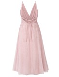 Pink Deep-V Cami Backless A-line Mesh Long Dress with Belt