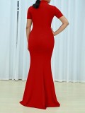 Red Knotted Short Sleeves Slit Maxi Dress