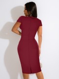Red Square Neck Short Sleeves Bodycon Midi Dress