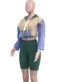 Contrast Color Hoody Crop Top and Green High Waist Shorts 2PCS Set