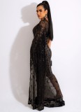 Black Sequins Mesh See Through One shoulder Single Sleeve Maxi Dress