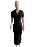 Black Ribbed Short Sleeves Side Slit Bodycon Long Dress