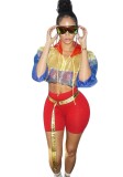 Contrast Color Hoody Crop Top and Red High Waist Shorts 2PCS Set
