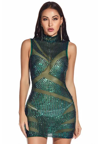 Green Sequined Mesh See Through High Neck Sleeveless Mini Dress