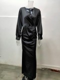 Black Silk V-Neck Long Sleeve Tight Mermaid Maxi Dress