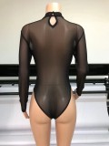Black Sequins Translucent Midi Neck Long Sleeve Bodysuit