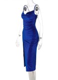 Blue Velvet Sleeveless Cami Slit Midi Dress