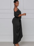 Black Slant Shoulder Short Sleeve Ruched Irregular Long Dress