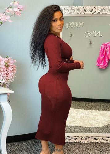 Wine O-Neck Lace Up Cut Out Long Sleeve Tight Long Dress