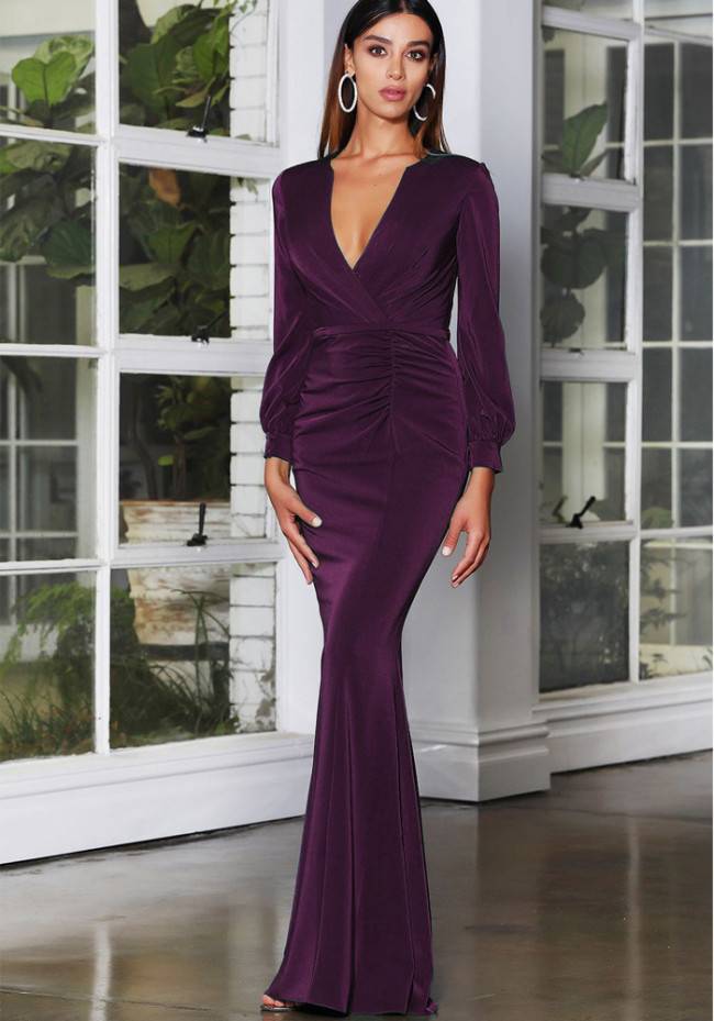 Purple Silk V-Neck Long Sleeve Tight Mermaid Maxi Dress