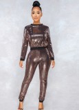 Brown O-Neck Long Sleeves Sparkly Top And Sweatpants 2PCS Set