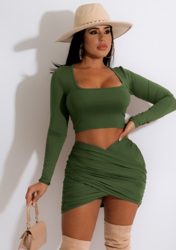 Green Square Neck Long Sleeve Crop Top And Wrap Mini Dress 2PCS Set