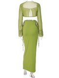 Green Mesh Square Neck Long Sleeve Crop Top And Maxi Dress 2PCS Set