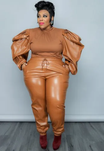 Plus Size Orange PU Leather Puff Sleeve Round Neck Top and Tight Pants 2PCS Set