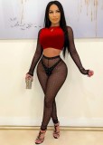 Rhinestone Red Contrast Black See Through 0-Neck Long Sleeve Crop Top And High Waist Pant 2PCS Set