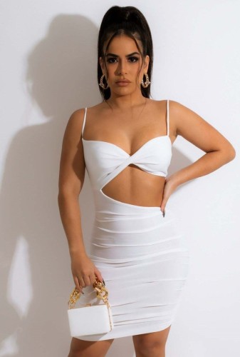 White Cami Cut Out Ruched Slinky Midi Dress