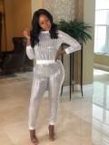 White O-Neck Long Sleeves Sparkly Top And Sweatpants 2PCS Set