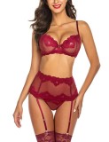 Red Lace Mesh Cami Bra And Panty Galter Lingerie 3PCS Set