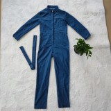 Blue Turndown Collar Long Sleeve Denim Jumpsuit with Belt