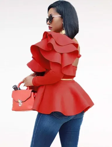 Red One Shoulder Single Sleeve Flounce Flare Shirt