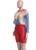 Contrast Color Hoody Crop Top and Red High Waist Shorts 2PCS Set