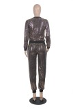 Brown O-Neck Long Sleeves Sparkly Top And Sweatpants 2PCS Set