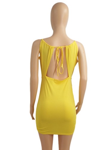 Yellow Cami Halter Sleeveless Keyhole Mini Fitted Dress