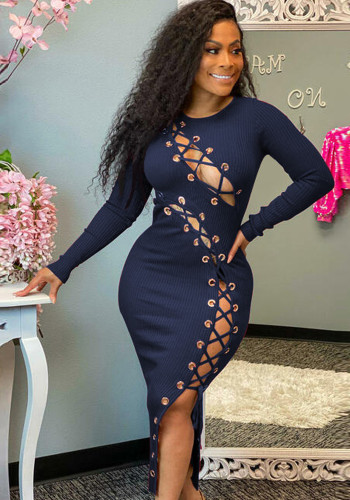 Blue O-Neck Lace Up Cut Out Long Sleeve Tight Long Dress
