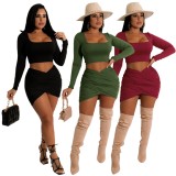 Red Square Neck Long Sleeve Crop Top And Wrap Mini Dress 2PCS Set