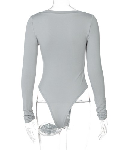 Gray U-Neck Long Sleeve High Cut Tight Bodysuit